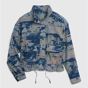 Gap Mockneck Drapey Utility Jacket Cotton Linen Blend, Aloha Tropical Print, Med